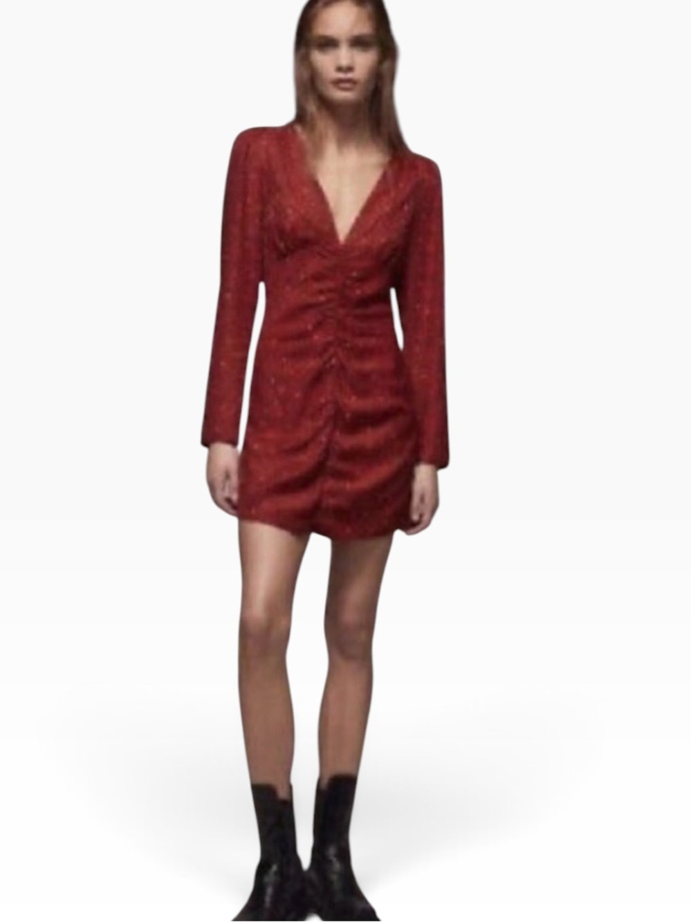 Zara Red Black Spotted Print Ruched V-Neck Long Sleeve Mini Dress